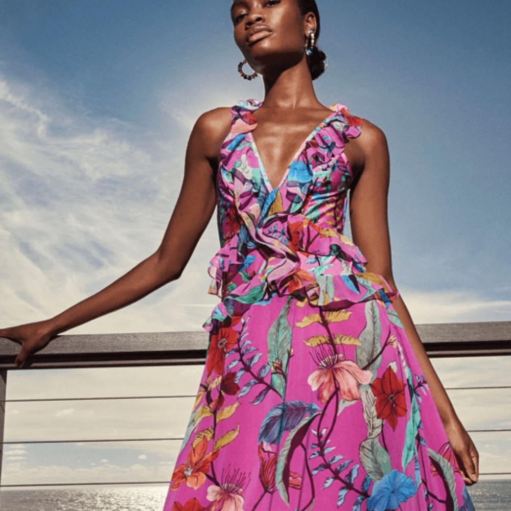 PatBO Zamia Ruffle V-Neck Maxi Dress M